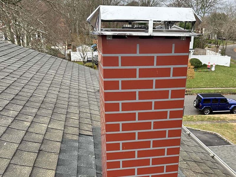 Red brick chimney with a new stainless steel cap on a gray shingle roof