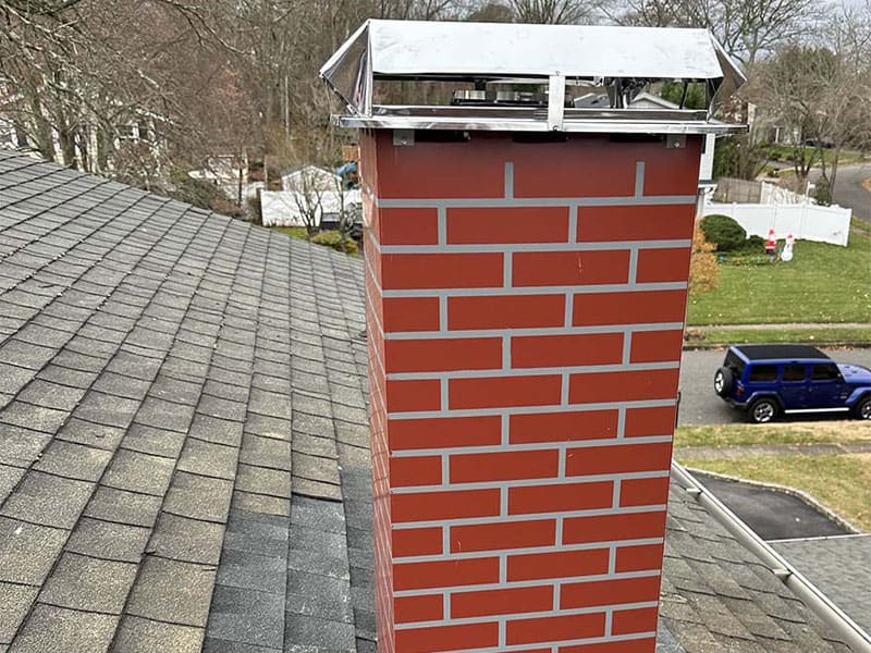 Red brick chimney with a new stainless steel cap on a gray shingle roof
